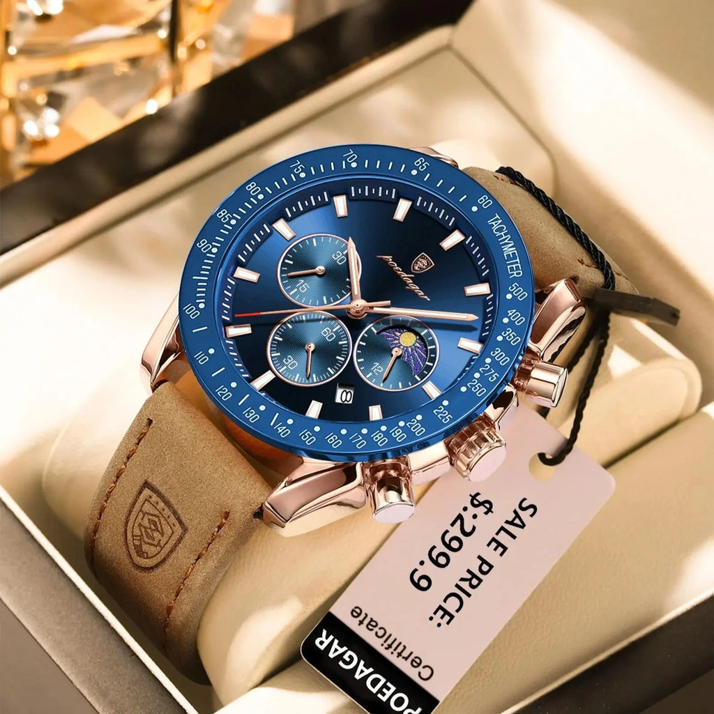609  Men Watch for Man Sports Waterproof Luminous Date Chronograph Leather Men's Watches Quartz Male Clocks