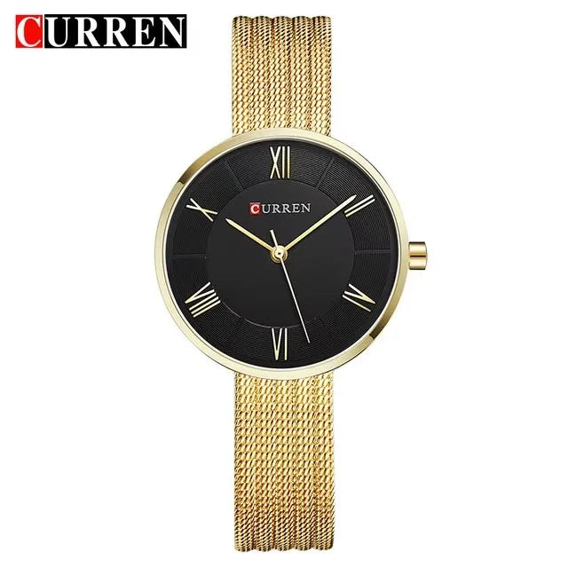 CURREN 9020 Mesh Steel Strap Waterproof Gold Clocks Fashion Quartz Watch Stainless Lady Simple Roman Casual Watches for Women