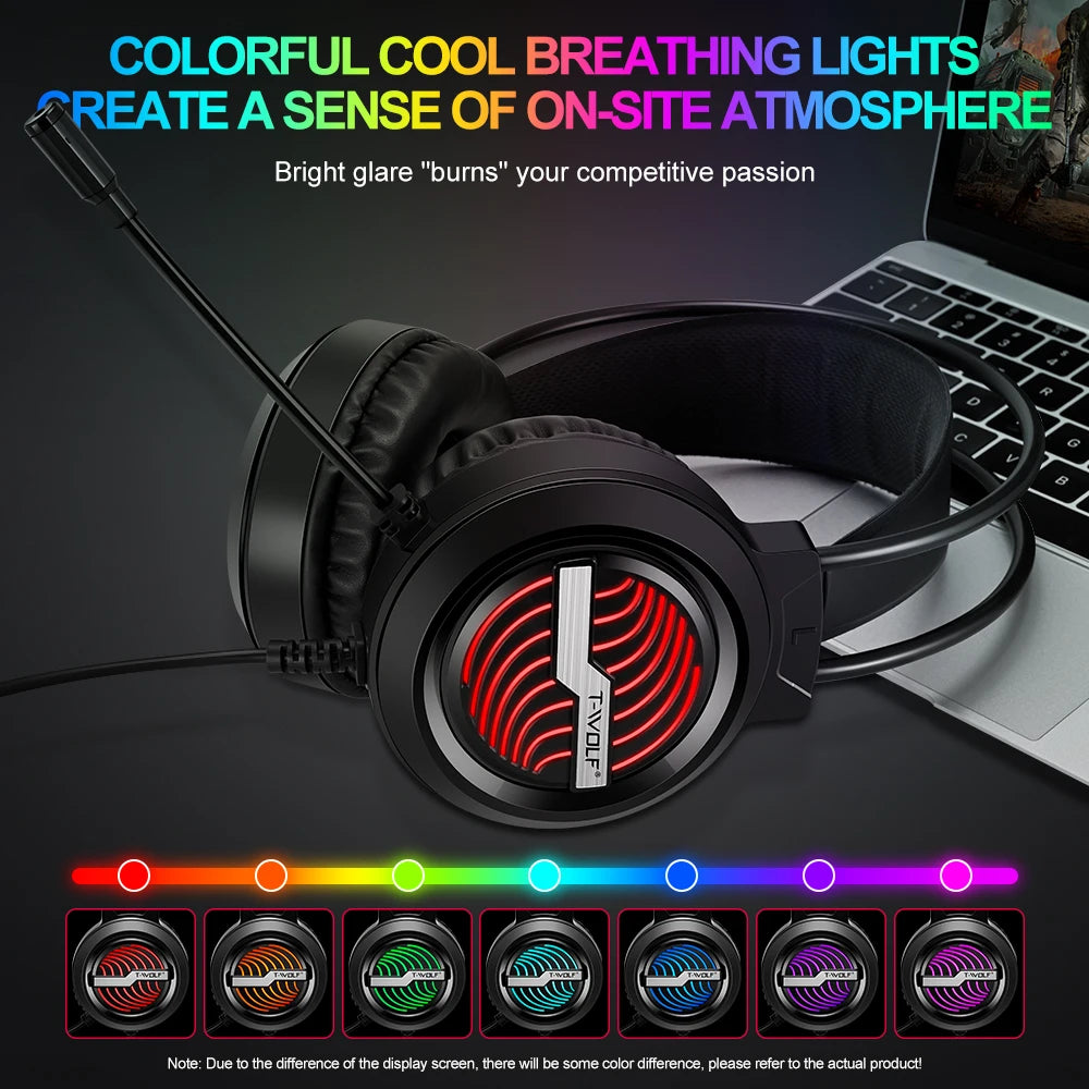 T-WOLF H130 RGB Backlit Gaming Headset Headphones 3D Surround Sound Usb Wired Noise Cancelling Gaming Headset Earbuds Headphones