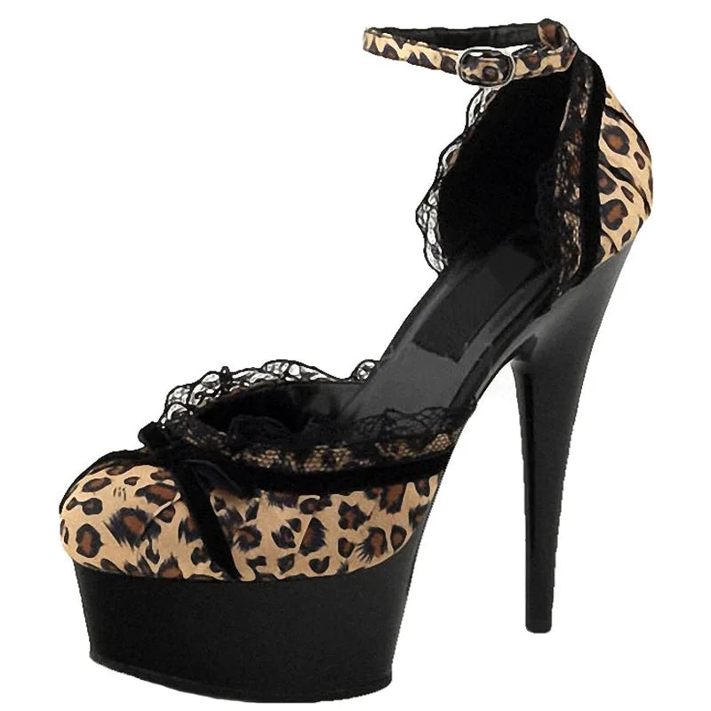 15 cm Thin Heel Platform High Heels Round Head Lace Elegant Pole Dance Model Catwalk Fashion Women's Single Shoes