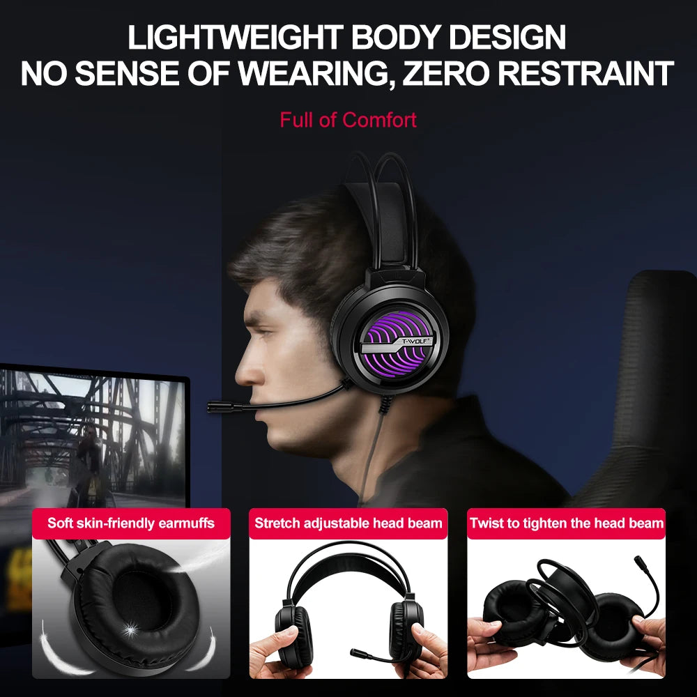 T-WOLF H130 RGB Backlit Gaming Headset Headphones 3D Surround Sound Usb Wired Noise Cancelling Gaming Headset Earbuds Headphones