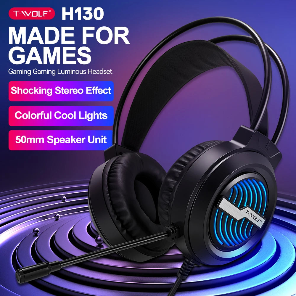 T-WOLF H130 RGB Backlit Gaming Headset Headphones 3D Surround Sound Usb Wired Noise Cancelling Gaming Headset Earbuds Headphones