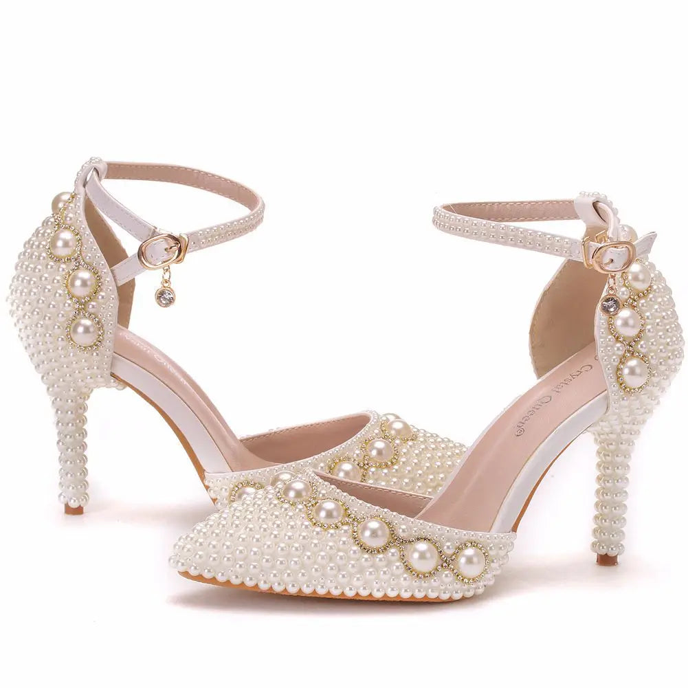 BS017  9 cm 7 cm Large Size High Heel Sandals Beaded Chain Wrist Strap Rhinestone Sandals White Pearl Wedding Shoes