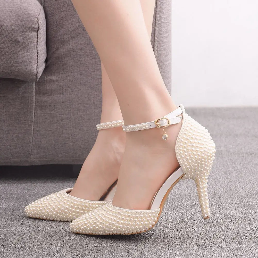 BS017  9 cm 7 cm Large Size High Heel Sandals Beaded Chain Wrist Strap Rhinestone Sandals White Pearl Wedding Shoes