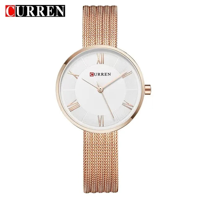 CURREN 9020 Mesh Steel Strap Waterproof Gold Clocks Fashion Quartz Watch Stainless Lady Simple Roman Casual Watches for Women