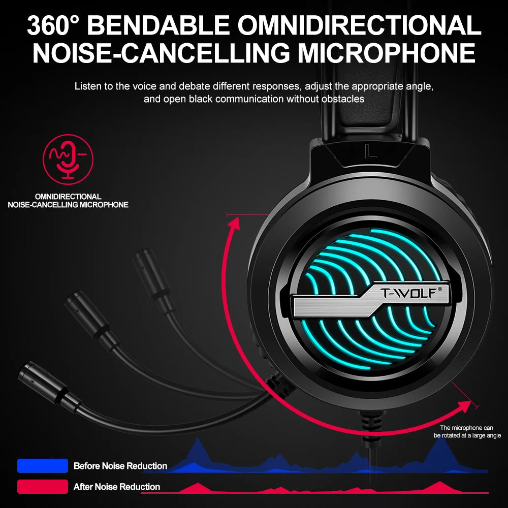 T-WOLF H130 RGB Backlit Gaming Headset Headphones 3D Surround Sound Usb Wired Noise Cancelling Gaming Headset Earbuds Headphones