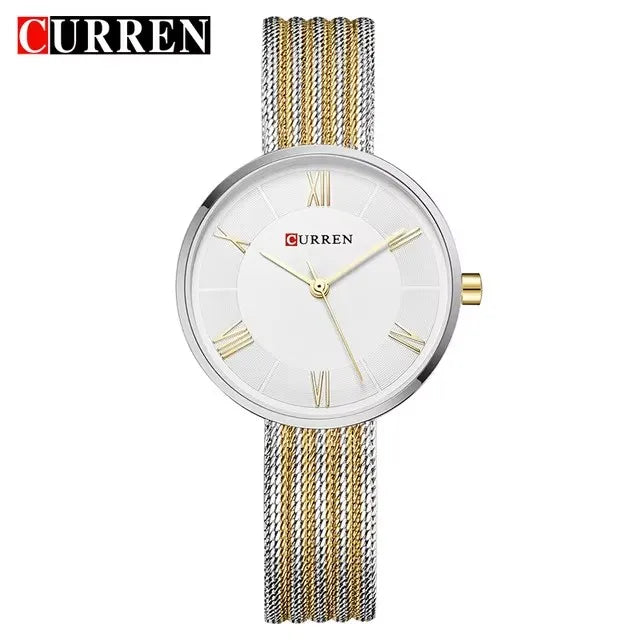 CURREN 9020 Mesh Steel Strap Waterproof Gold Clocks Fashion Quartz Watch Stainless Lady Simple Roman Casual Watches for Women