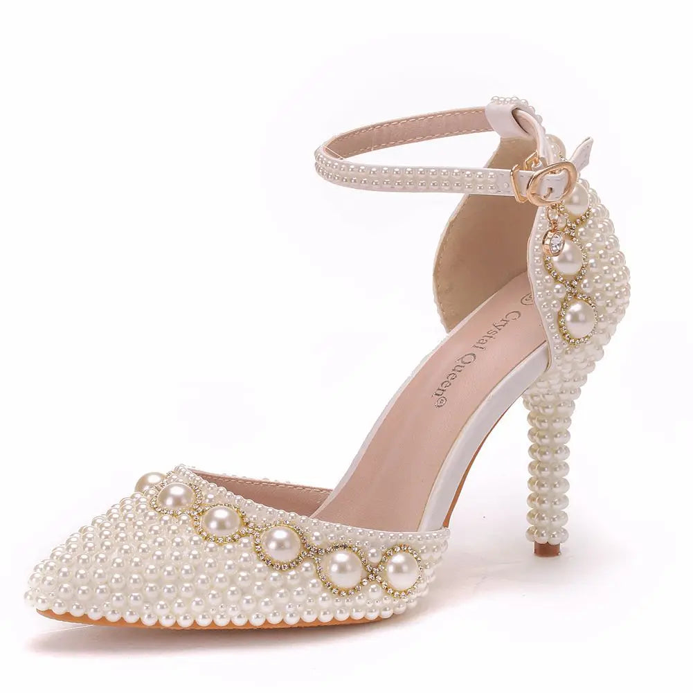 BS017  9 cm 7 cm Large Size High Heel Sandals Beaded Chain Wrist Strap Rhinestone Sandals White Pearl Wedding Shoes