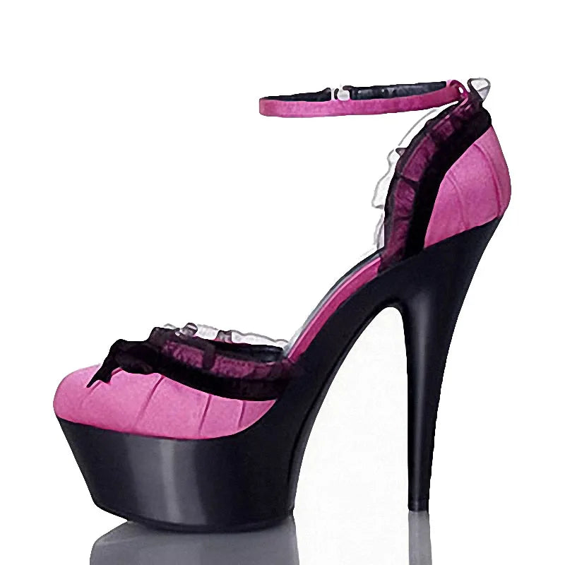 15 cm Thin Heel Platform High Heels Round Head Lace Elegant Pole Dance Model Catwalk Fashion Women's Single Shoes