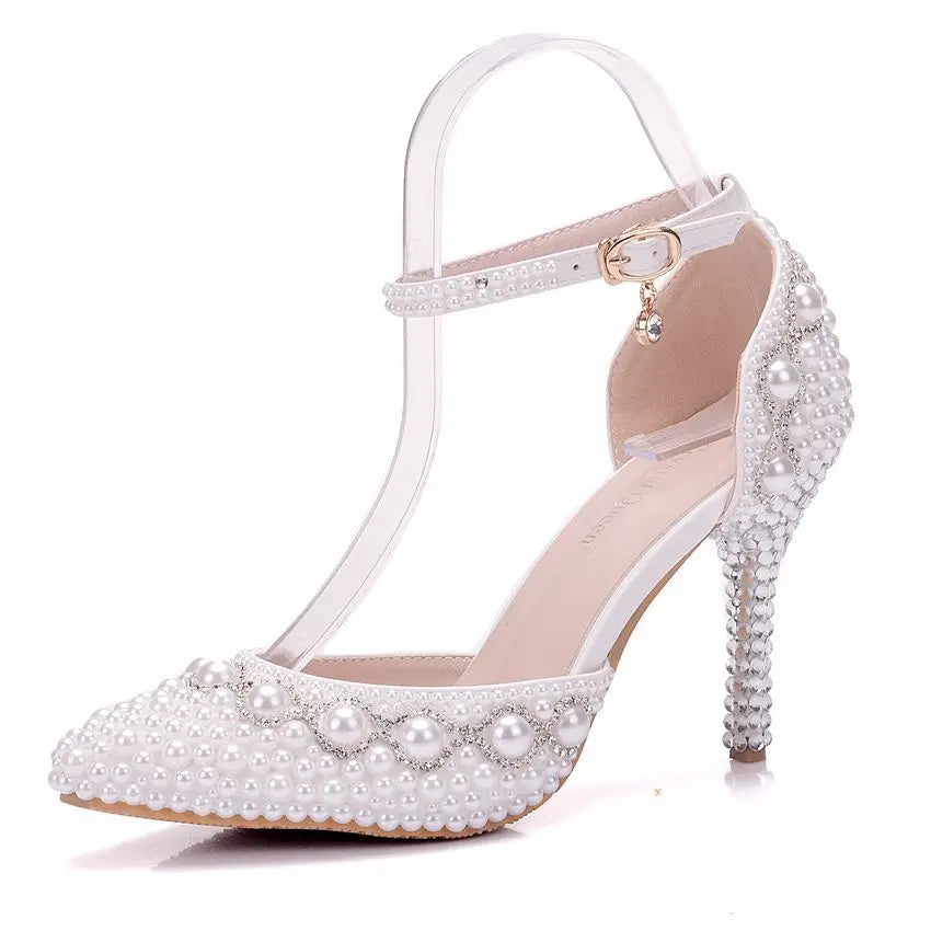 BS017  9 cm 7 cm Large Size High Heel Sandals Beaded Chain Wrist Strap Rhinestone Sandals White Pearl Wedding Shoes