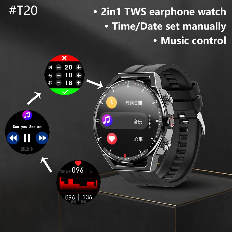 T20 Music Health Monitoring Pedometer Heart Rate Sports Smartwatch with Headphones
