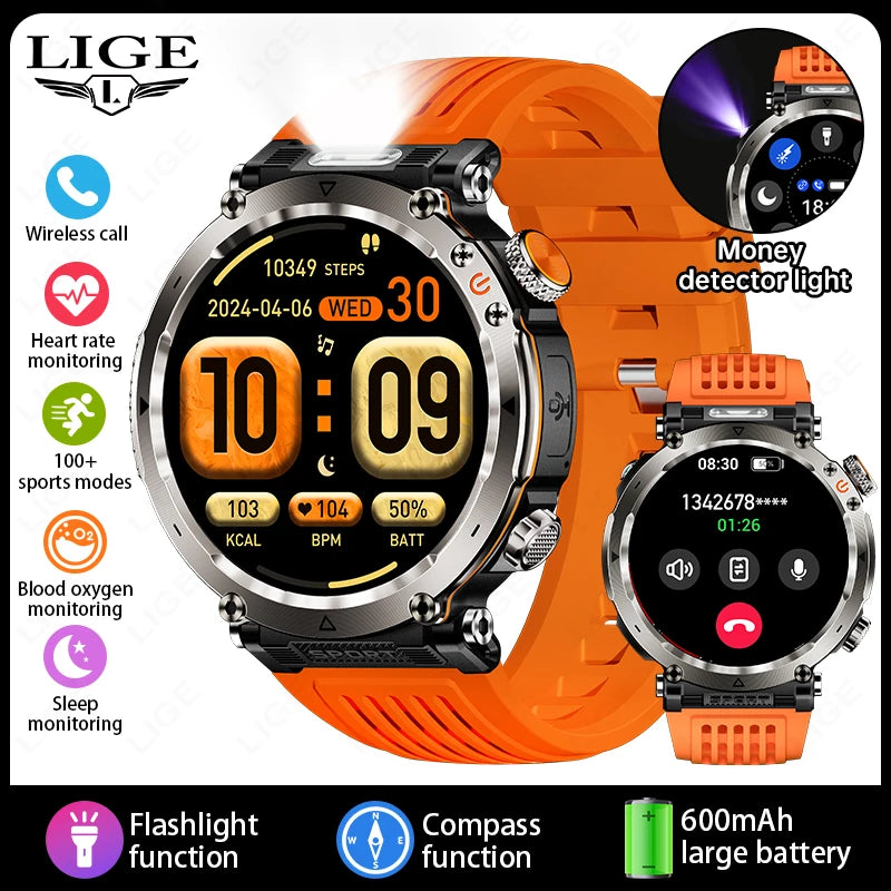 LIGE New Waterproof Smart Watch 600mAh Outdoor Riding Smart Clock Compass Heart Rate Flashlight Bluetooth Call Sports Smartwatch