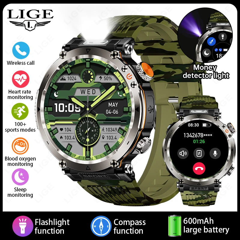 LIGE New Waterproof Smart Watch 600mAh Outdoor Riding Smart Clock Compass Heart Rate Flashlight Bluetooth Call Sports Smartwatch