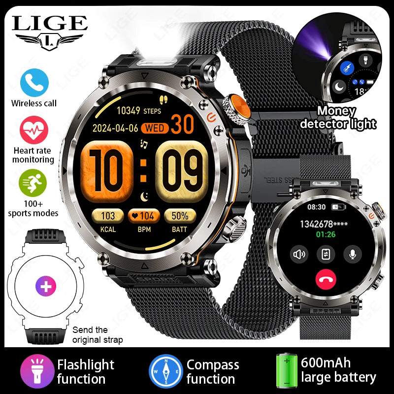 LIGE New Waterproof Smart Watch 600mAh Outdoor Riding Smart Clock Compass Heart Rate Flashlight Bluetooth Call Sports Smartwatch