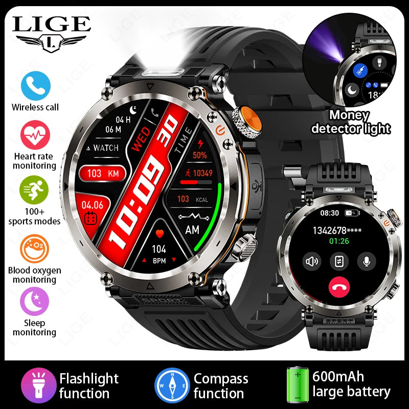LIGE New Waterproof Smart Watch 600mAh Outdoor Riding Smart Clock Compass Heart Rate Flashlight Bluetooth Call Sports Smartwatch
