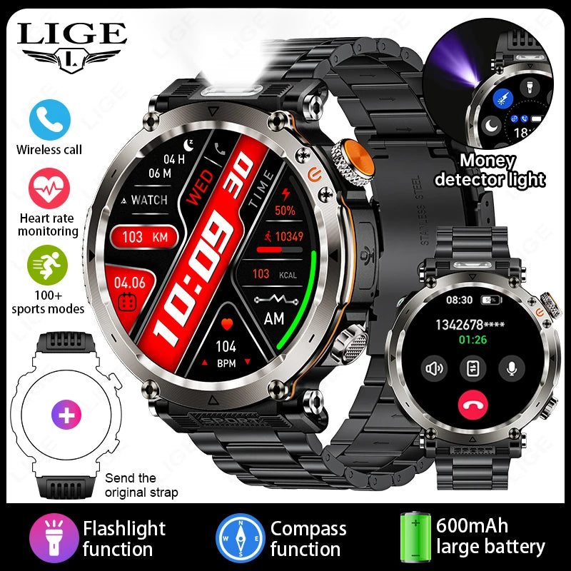 LIGE New Waterproof Smart Watch 600mAh Outdoor Riding Smart Clock Compass Heart Rate Flashlight Bluetooth Call Sports Smartwatch