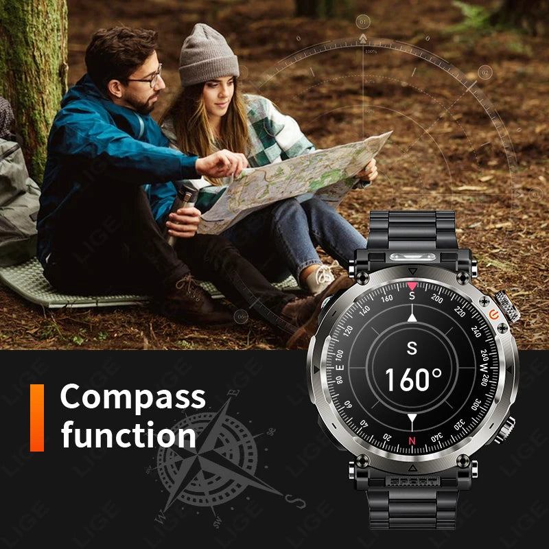 LIGE New Waterproof Smart Watch 600mAh Outdoor Riding Smart Clock Compass Heart Rate Flashlight Bluetooth Call Sports Smartwatch