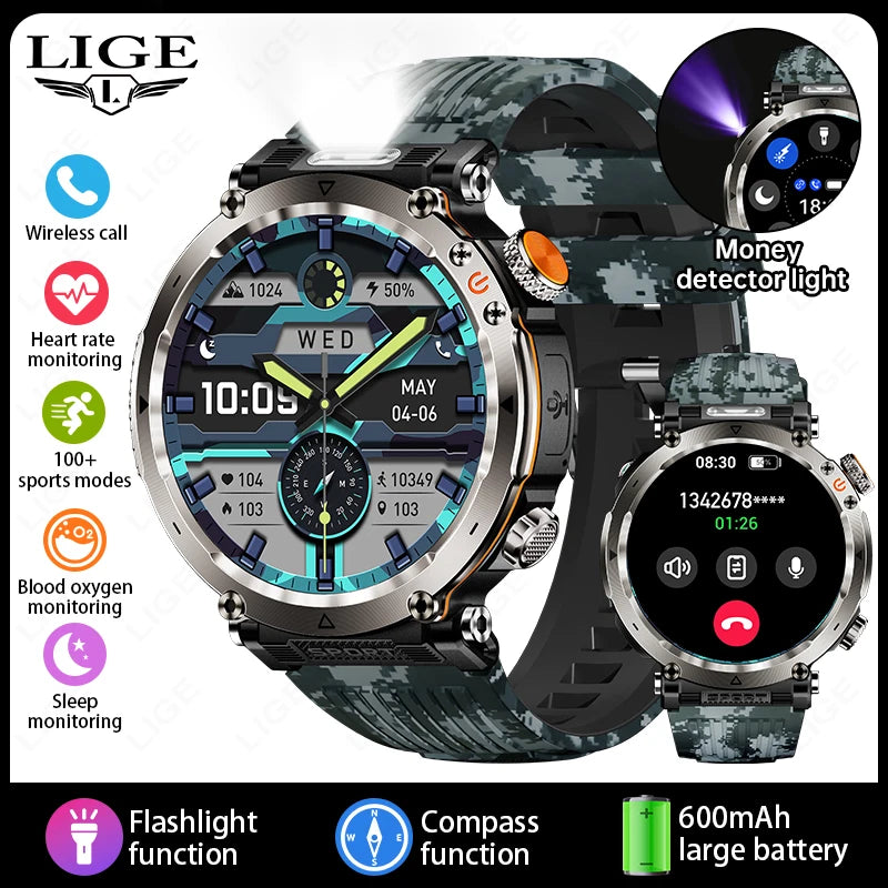 LIGE New Waterproof Smart Watch 600mAh Outdoor Riding Smart Clock Compass Heart Rate Flashlight Bluetooth Call Sports Smartwatch