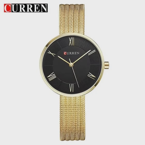 CURREN 9020 Mesh Steel Strap Waterproof Gold Clocks Fashion Quartz Watch Stainless Lady Simple Roman Casual Watches for Women