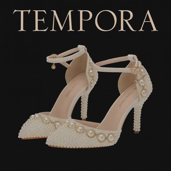BS017 Women’s High Heel Sandals | 7–9 cm Beaded Rhinestone Pearl Wedding Shoes with Ankle Strap