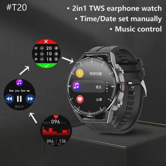 T20 Music Health Monitoring Pedometer Heart Rate Sports Smartwatch with Headphones