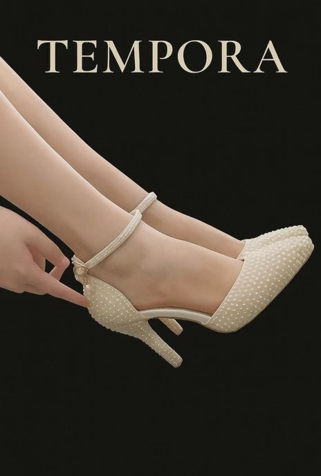 BS017 Women’s High Heel Sandals | 7–9 cm Beaded Rhinestone Pearl Wedding Shoes with Ankle Strap