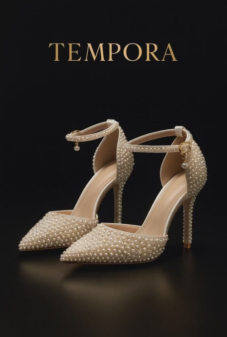 BS017 Women’s High Heel Sandals | 7–9 cm Beaded Rhinestone Pearl Wedding Shoes with Ankle Strap